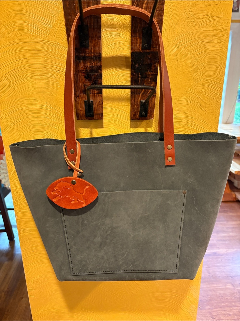 Portland Leather Gray Tote with Tan Handles and Accent Tag